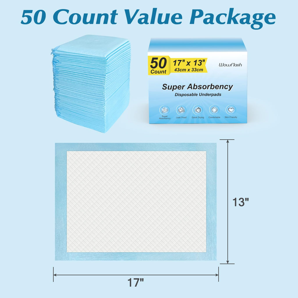 Wowflash Super Absorbency Disposable Diaper Pads for Baby, Puppy and Adults, Disposable Changing Underpads for Baby, 50 Count, 17” x 13''