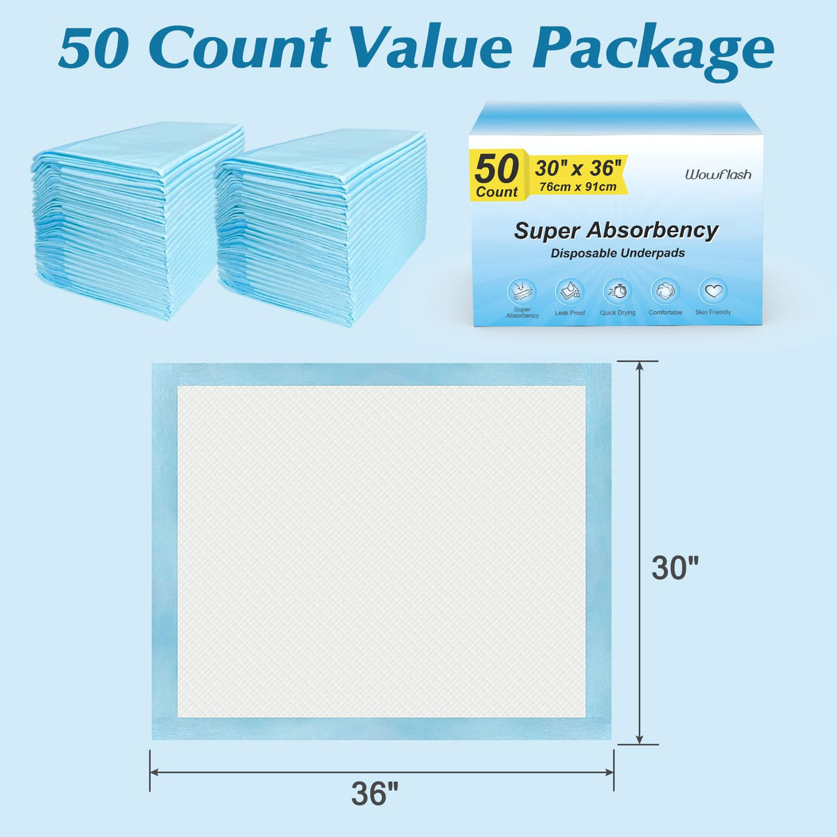 Wowflash Super Absorbency Disposable Leakproof Underpads with Quick Drying for Baby, Adults, Puppy, Dog Bed Pee Pads, Extra Large, XXL Incontinence Pads, 30” x 36”, 50 Count
